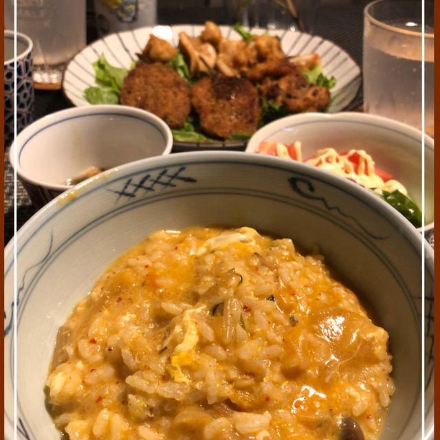 キムチ雑炊と魚屋さんの揚げ物