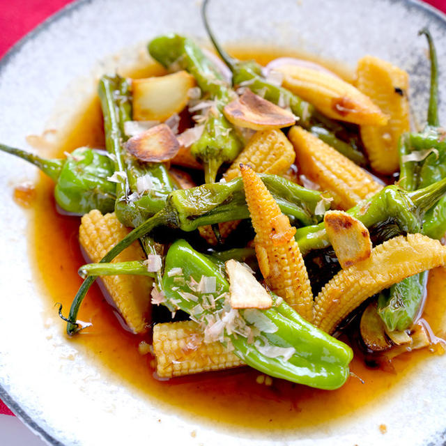 野菜のおかず【ししとうとヤングコーンのぽん浸し】