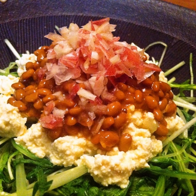 みょうが、納豆、豆腐、水菜を使ったボリュームたっぷりのご飯のおかずになるサラダ