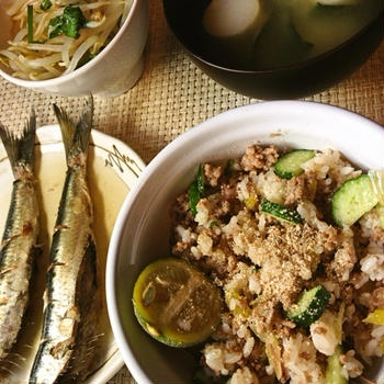 肉そぼろ飯とイワシ定食