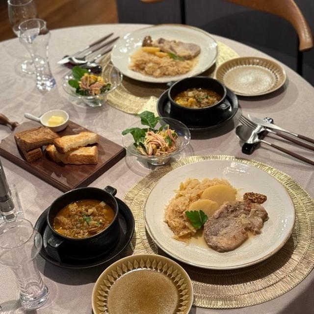 豚ロースのザワークラウト煮込みとレンズ豆のスープの夜ごはん