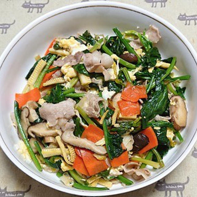 豚肉とほうれん草他の中華風玉子炒め