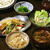 玄米菜食：竹の子玄米ご飯、つけ汁うどん、野菜と豆腐の胡麻味噌炒め、ポテトサラダ、カキ菜の和え物