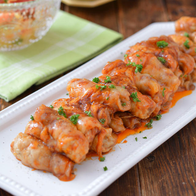 とろ～り豚巻きケチャップ醤油焼き。【あとがけチーズ・しゃぶしゃぶ用で時短】