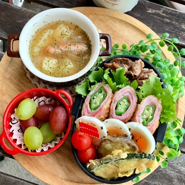 ＊オクラベーコン揚げ弁当とおうちパスタ＊