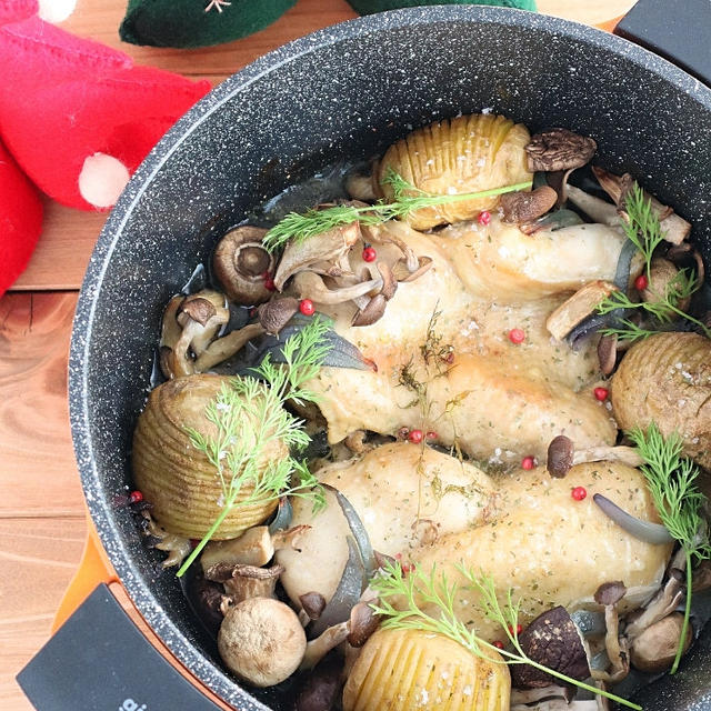 【#gioia #キャセロール鍋】チキンときのことハッセルバックポテトのオーブン焼き