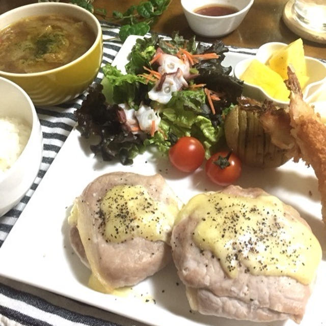 手間をかけないシンプルごはん♪豚肉オニオンミルフィーユとリメイクスープ♪…幸せだなぁ〜