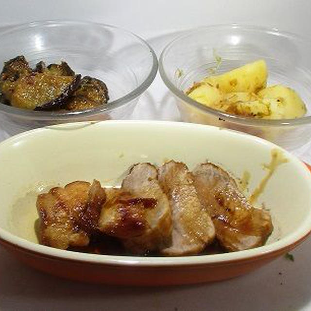 焼き豚となす味噌　甘いジャガイモの煮つけ