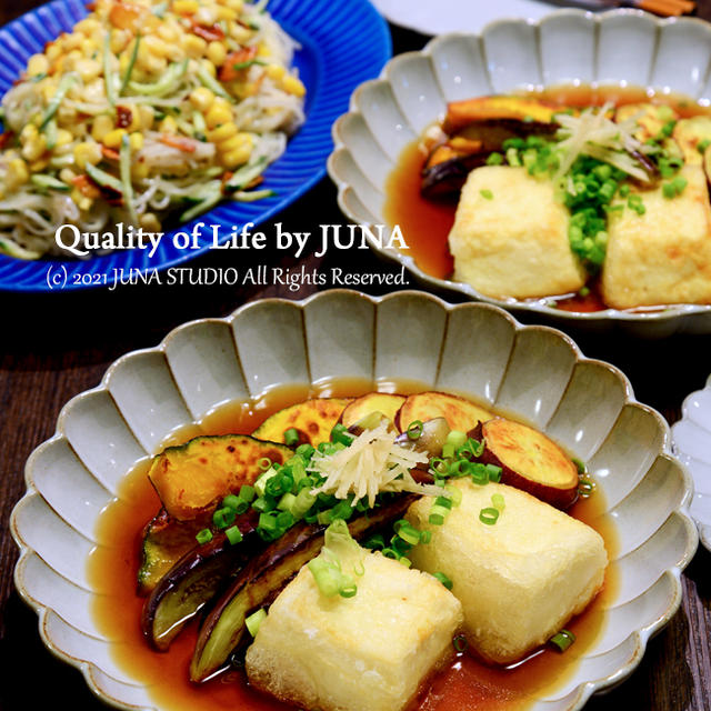 ちょっと秋っぽく♪揚げ出し豆腐のかぼちゃ＆なす＆さつまいも添え／フーディストノートさんで紹介していただいています