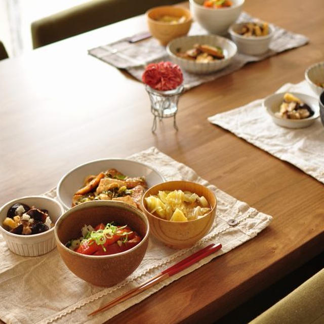 サーモンの漬け丼とチーズでまろやかゴーヤチャンプルー、うちのポジティブ娘