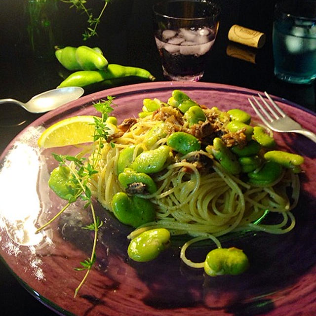 いわしのへしことそら豆のスパゲッティ。