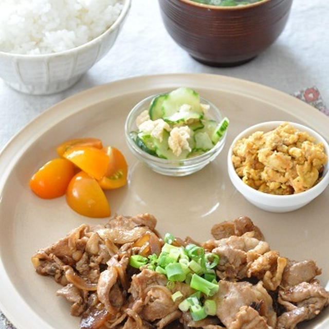 ごはんが止まらない！暑い日に簡単おいしい！豚肉と玉ねぎのスタミナ炒めがメインの献立