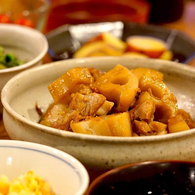 きのうの献立メモ。鶏肉とれんこんの炒め煮定食（2019.8.22）