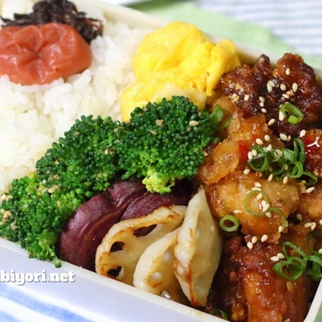 オーソドックスな唐揚げ弁当｜スイートチリソース＋醤油で少し甘辛味をプラス