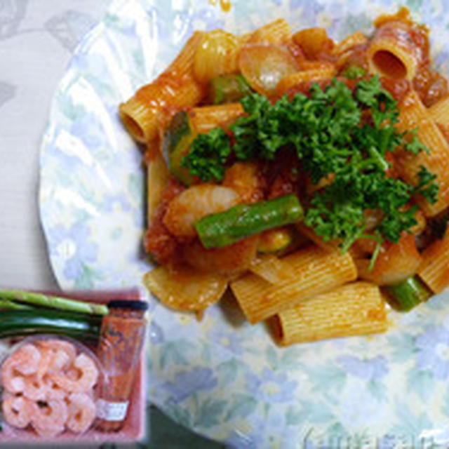 海老と春野菜のトマト麹パスタと朝日！