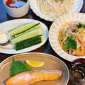 簡単なのにごちそう♪娘と一緒に晩ごはん♡冷やしうどん＆さっぱり副菜、生ハムマリネと絶品焼き鮭！