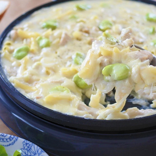 春♪ホットプレート１つで作る「そら豆のマカロニグラタン」