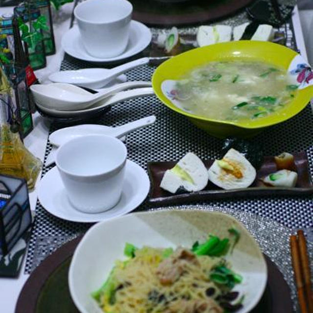 i-kitchen 卵と黒キクラゲの焼きビーフン、おぼろ豆腐のスープ