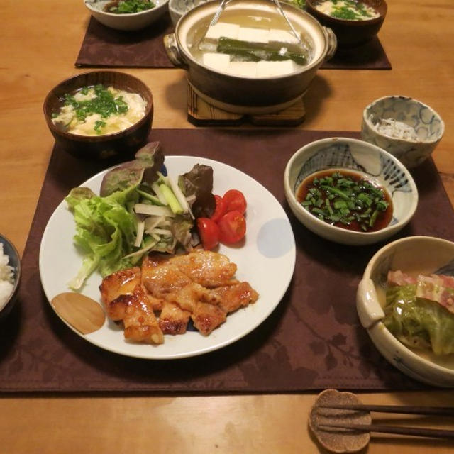 豚肉金山寺味噌漬＆湯豆腐などの晩ご飯　と　アーモンドの花♪