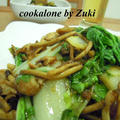 杭白菜と茶樹茸と豚肉のオイスターソース炒め