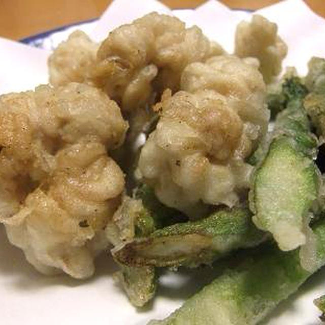 白子の天ぷらと、菜の花となめこのさっと煮