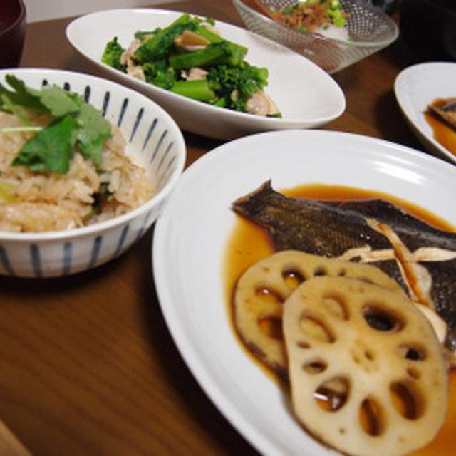 カレイの煮付けと菜の花と蛤のからし和えとなめたけ