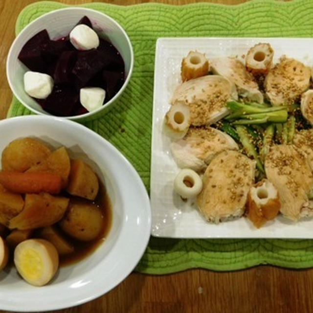 蒸し鶏と肉じゃが、ビーツ