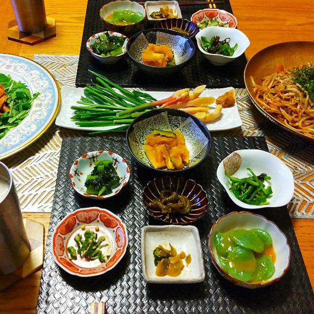 鶏チャーシューサラダ、もやしたっぷりソース焼きそば、小鉢６品のやっつけ晩酌