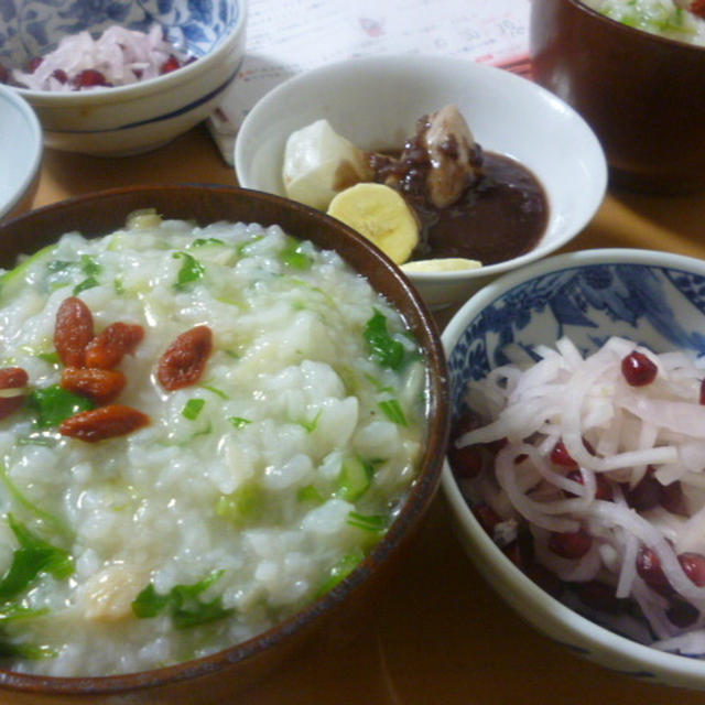 帆立の中華粥♪で七草がゆ朝食(ザクロで色々★)