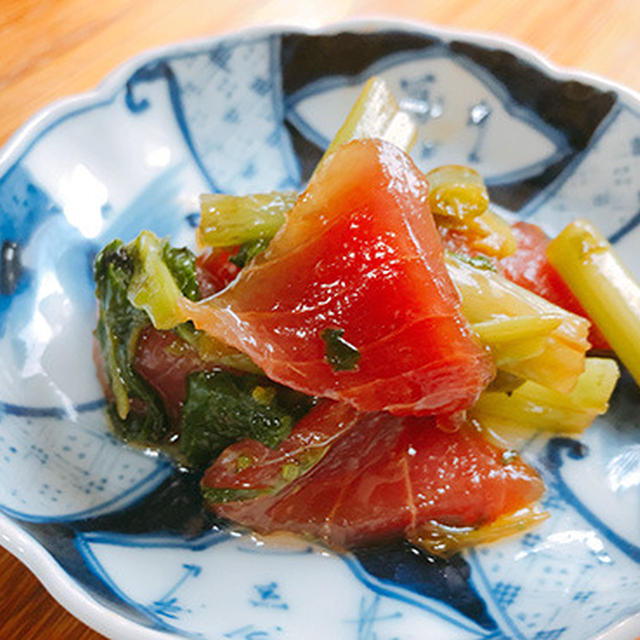 本日の肴〜花わさびの和え物2種、マグロとサーモン