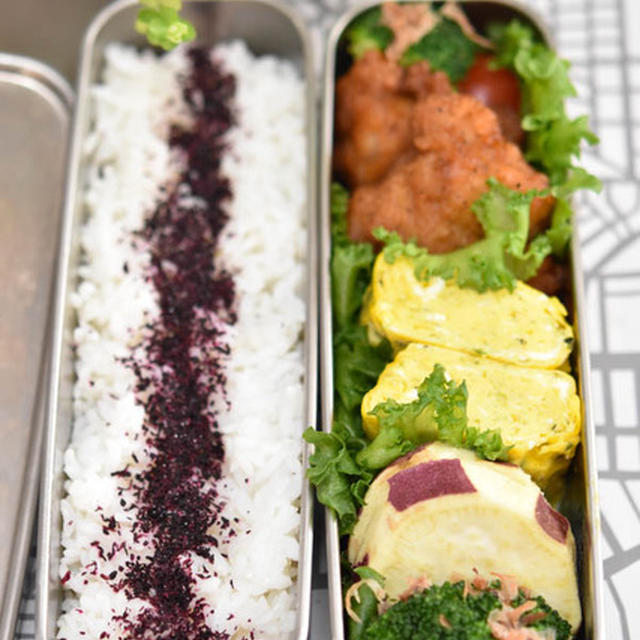中学生男子弁当｜市販の唐揚げ｜サツマイモの塩だし煮｜スリム2段弁当