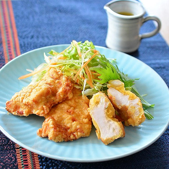 衣は強力粉と片栗粉、鶏むね肉のサクサクから揚げ♪