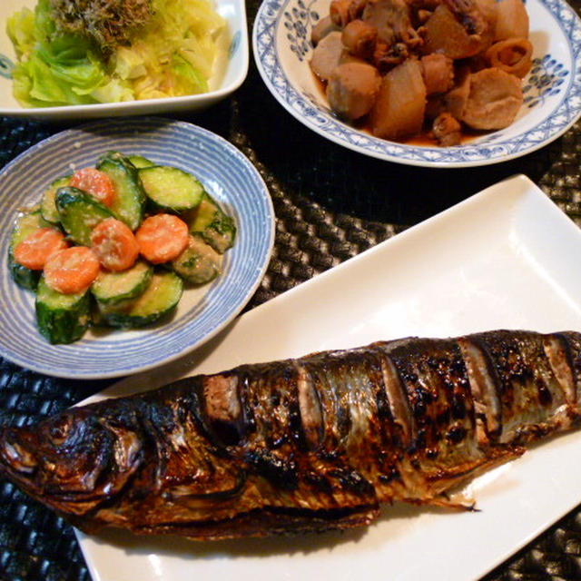 糠にしんとイカと里芋大根の煮つけの献立　夕ご飯