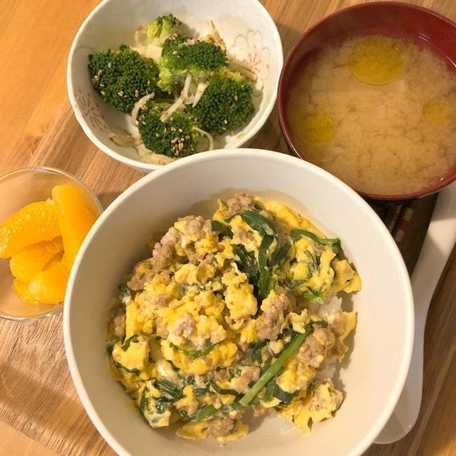 今日の晩御飯  豚ひき肉のニラ玉丼  ブロッコリーの生姜ナムル