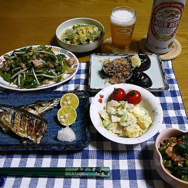 【晩酌】さんまの塩焼き・ピーマンと豚肉の炒め物・なた豆たまごとじ…