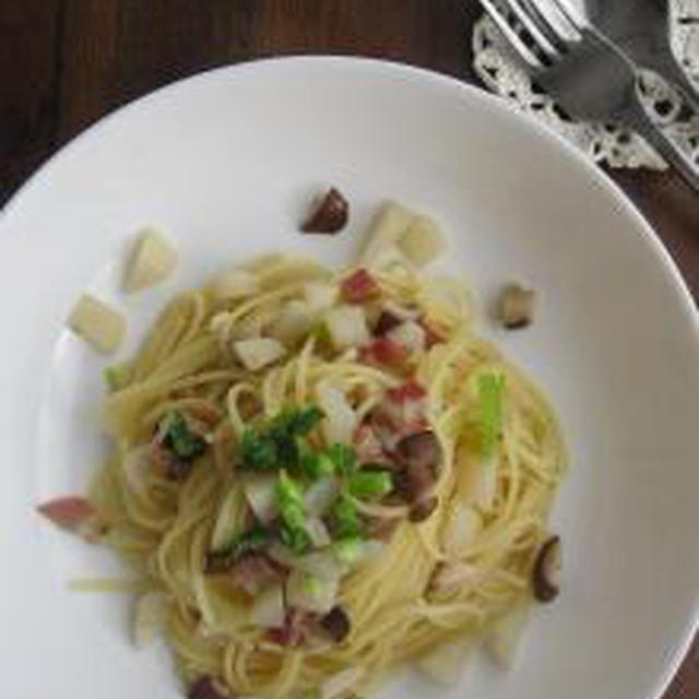 干し野菜とベーコンの和風なパスタ。