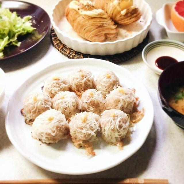 【　焼き菊花シュウマイとアコーディオンポテト　】