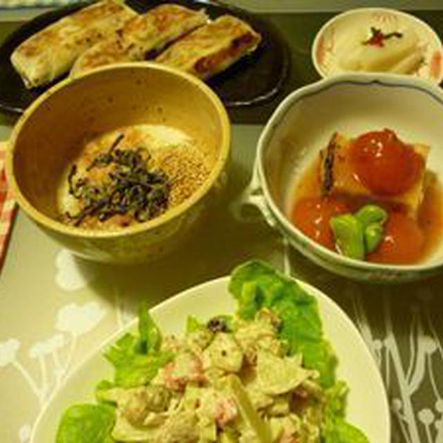 夕飯（トマト・厚揚げの炒め煮）