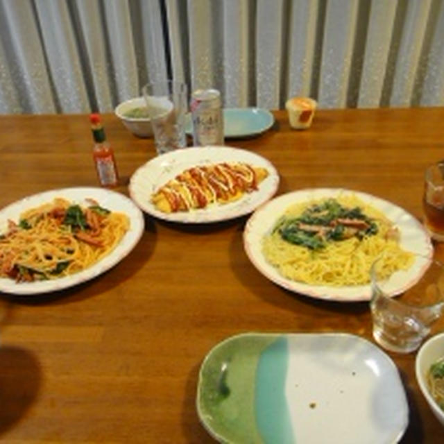 １１月１７日の夕飯　***　パスタ２種　と　納豆オムレツ　***