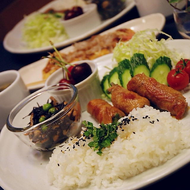 豚ロースのインゲン巻きでワンプレート♪