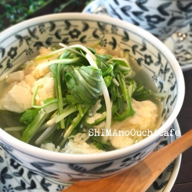 簡単！時短！で美味しい♪　水菜とお豆腐とホタテのとろーり食べる和風スープ