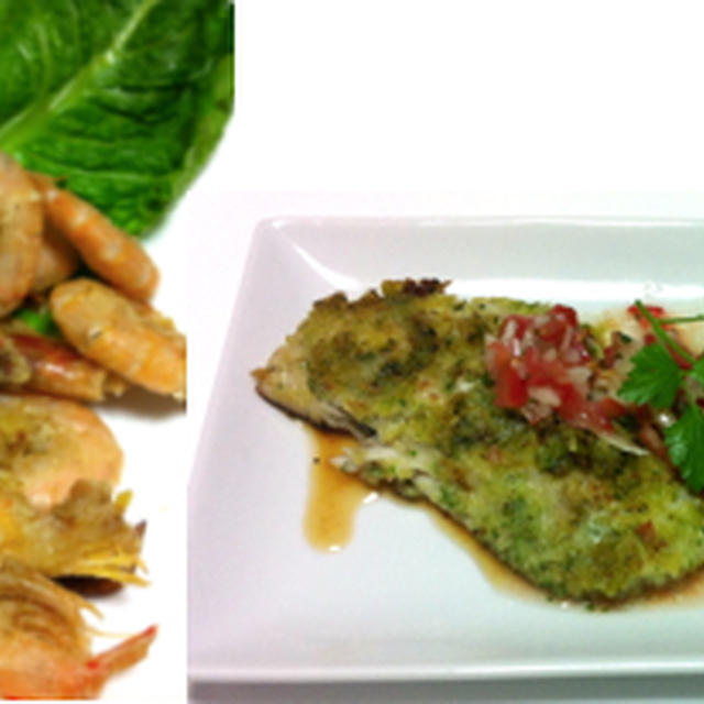 芝海老の唐揚げ、サワラのバジルパン粉焼き、大浦ゴボウのチップと煮物