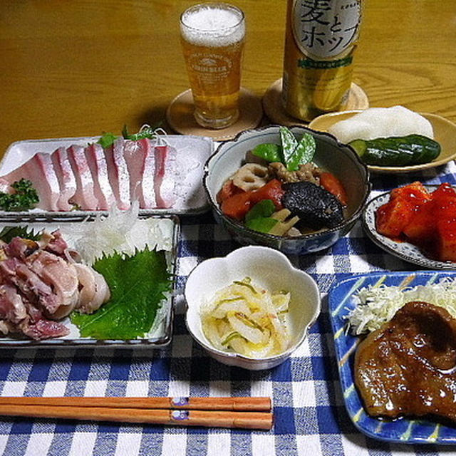 【晩酌】鹿児島黒豚味噌漬け焼き・地鶏のお造り・筑前煮…