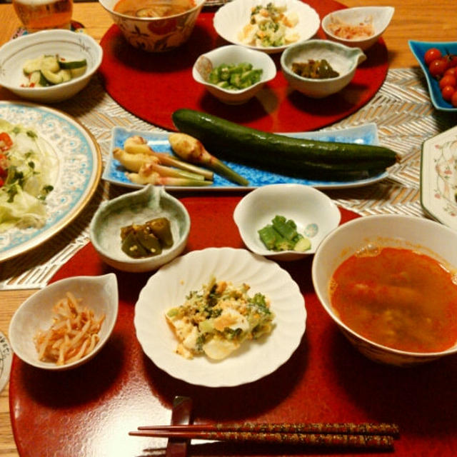 茄子とプチトマトとツナのマリネサラダとゴーヤチャンプルと小鉢5品で晩酌