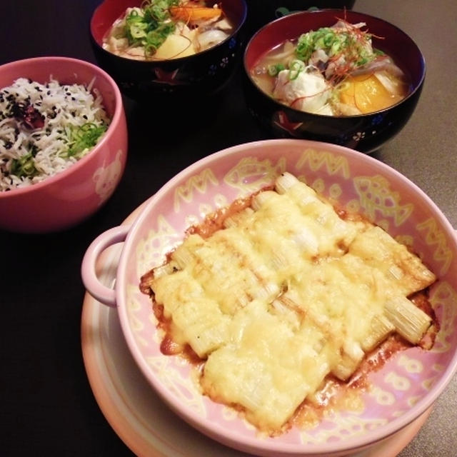 しらす丼と長葱のマヨチーズ焼きなど