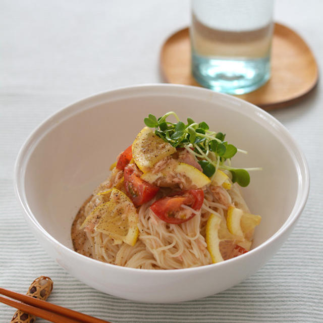 ツナレモンペッパーそうめん。【和えるだけのぶっかけそうめん】