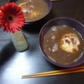 鏡開きのお汁粉と水菜と豚の中華パスタ