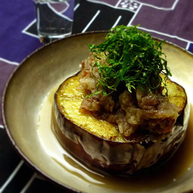 揚げ茄子の柚子胡椒牛肉餡