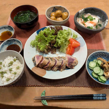 鰹のレアカツと豆ご飯・おぼろ豆腐の晩ご飯と　オルレア・ヤマボウシの花♪