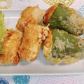 「昭和天ぷら粉 黄金」を使って、キムチ入り肉種を詰めたピーマンとちくわの肉詰め天ぷら